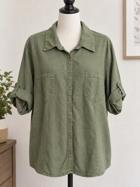 Just My Size JMS Women's Plus 3X Green Linen Rayon Button Up Tab Sleeve Blouse